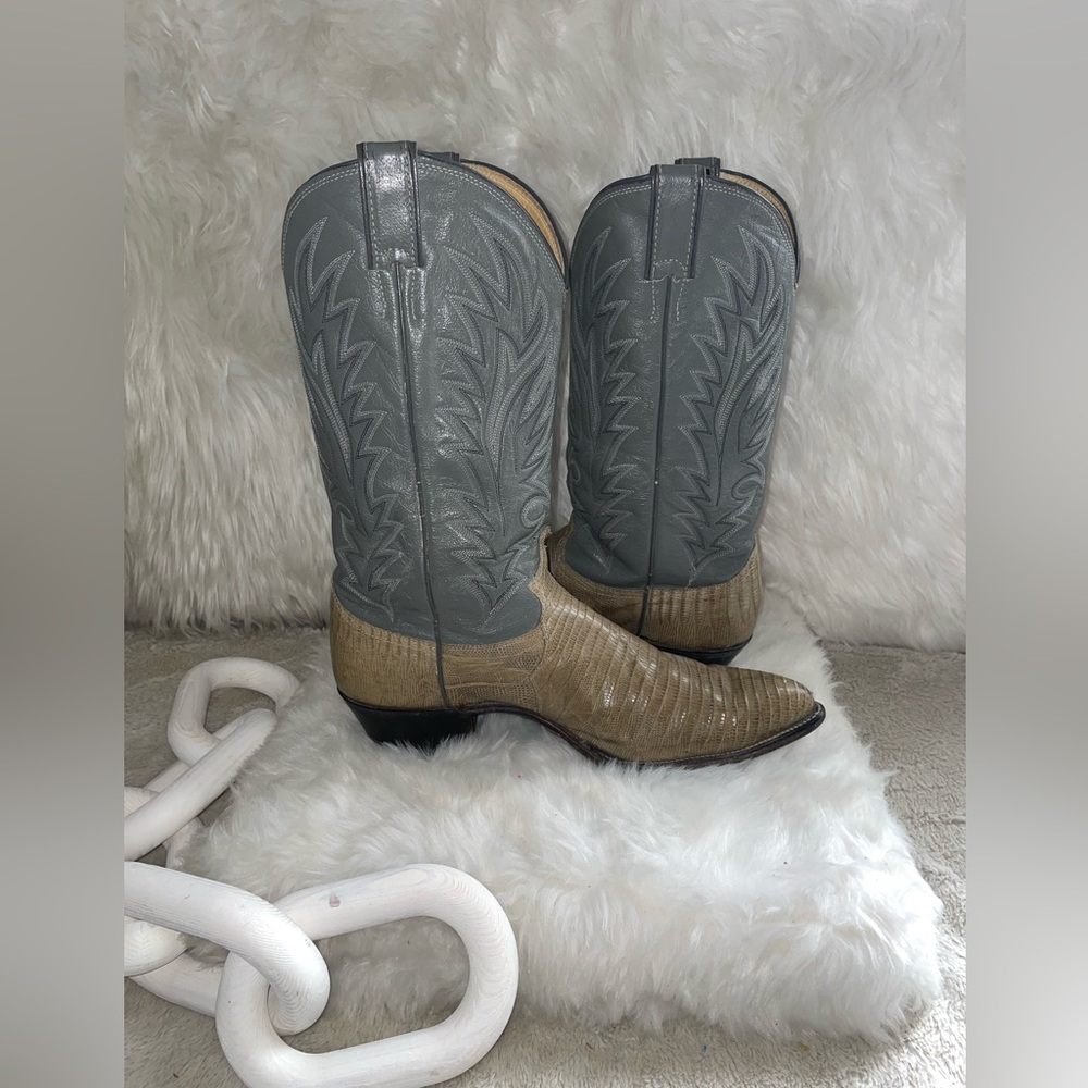 🔥🔥Dan Post Gray and Tan Lizard Skin Western Cowboy Boots Size 11 D / Great Cond!